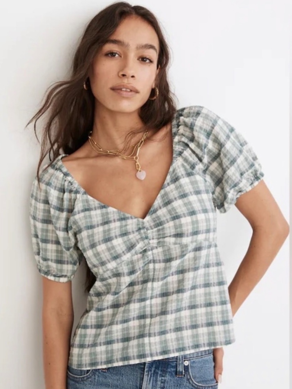 Madewell Ruched Bodice Puff Sleeve Top Frosted Willow Green Plaid Medium